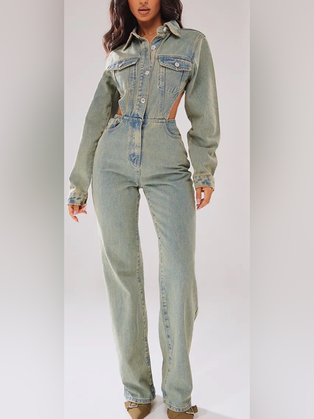 PRETTY LITTLE THING Olive Green Distressed Denim Jumpsuit